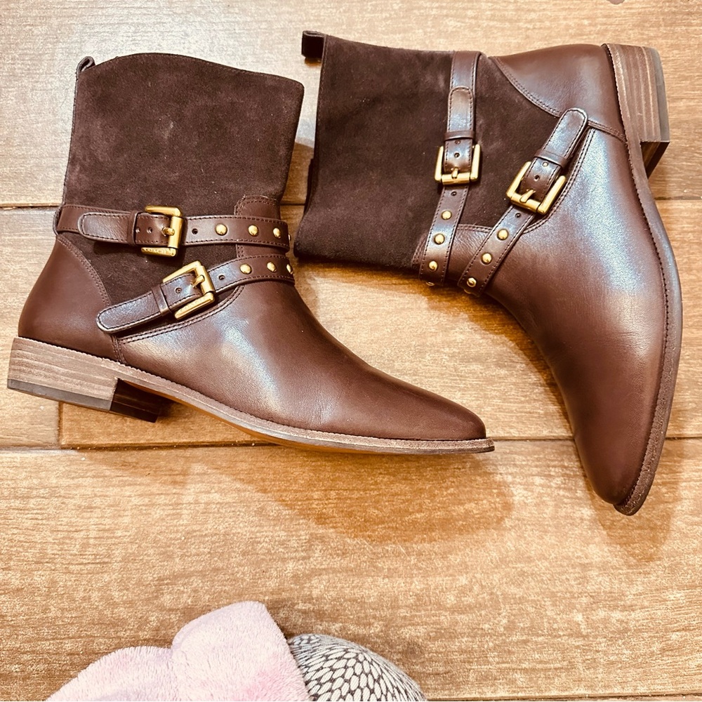 Coach Lillianna Suede & Leather Detail Studded Buckle Boots in Brown (Size 8B) - Picture 2 of 12